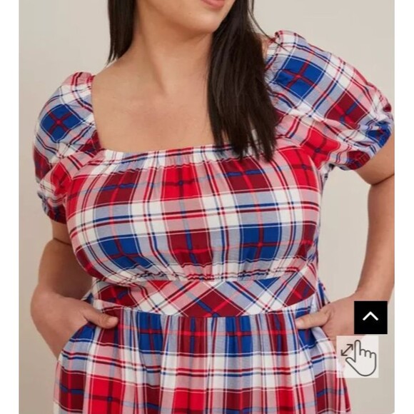 Torrid Challis Puff Sleeve Tiered Maxi Dress Plaid Red & Blue 3X 22/24 Americana - Picture 4 of 15